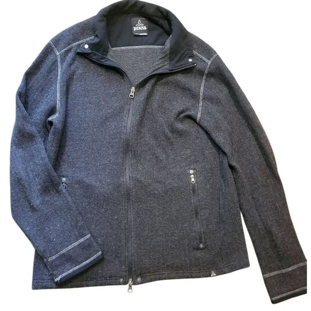 Prana Zip Sweater Men's Large Grey Ribbed Knit Wool Blend Cardigan Barclay